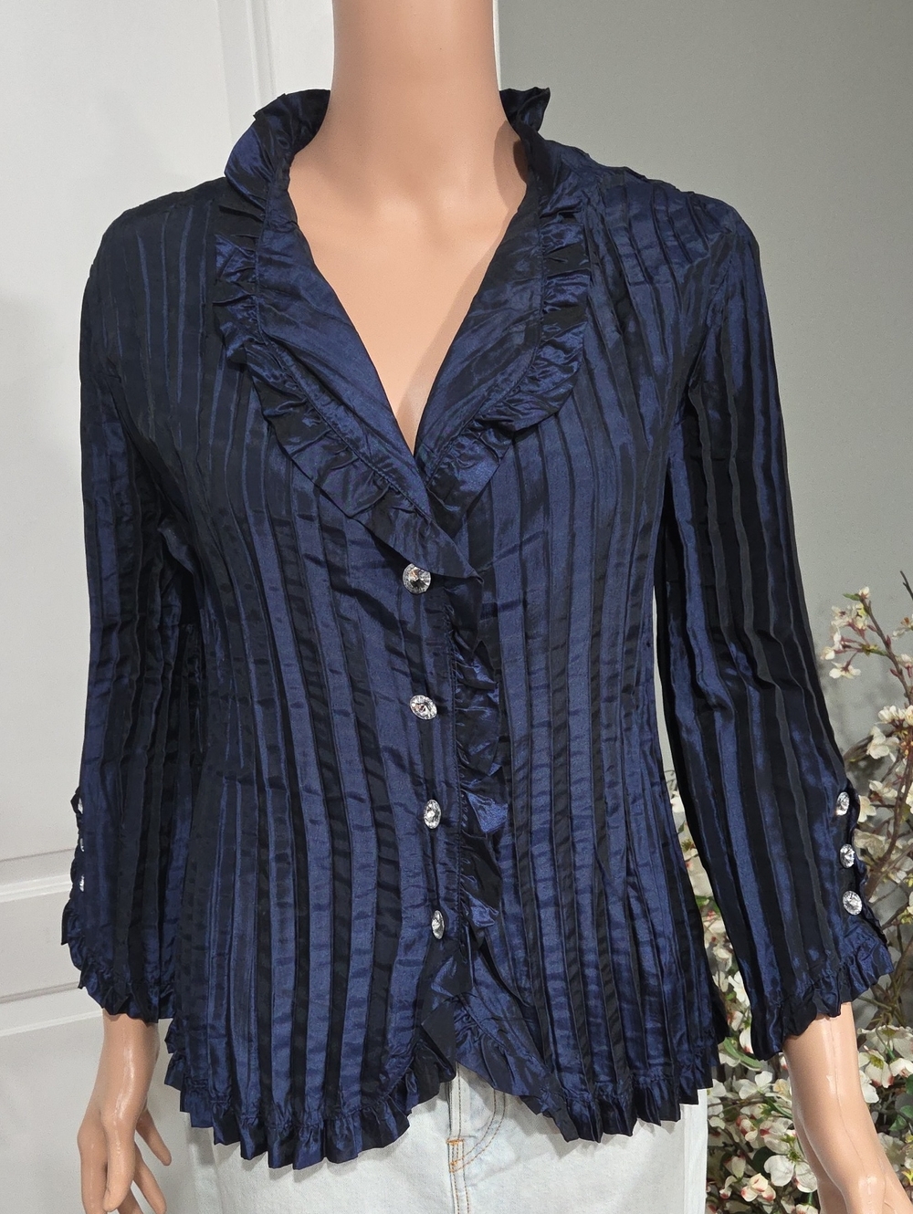 Ruffled Stripe Satin Button-Front Top - Navy